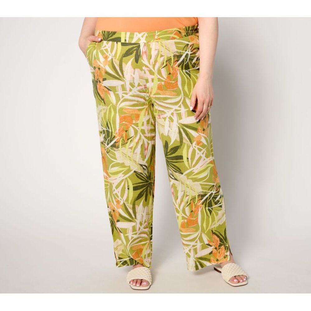 Denim & Co Women's Petite Pants 2XP Co. Naturals Printed Linen Mint Glass